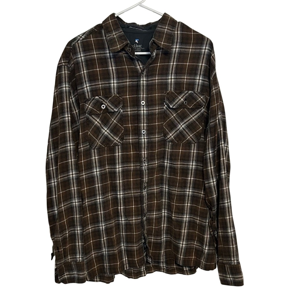 KUHL Mens‎ Button Down XL Shirt Brown Plaid Outdoor Workwear